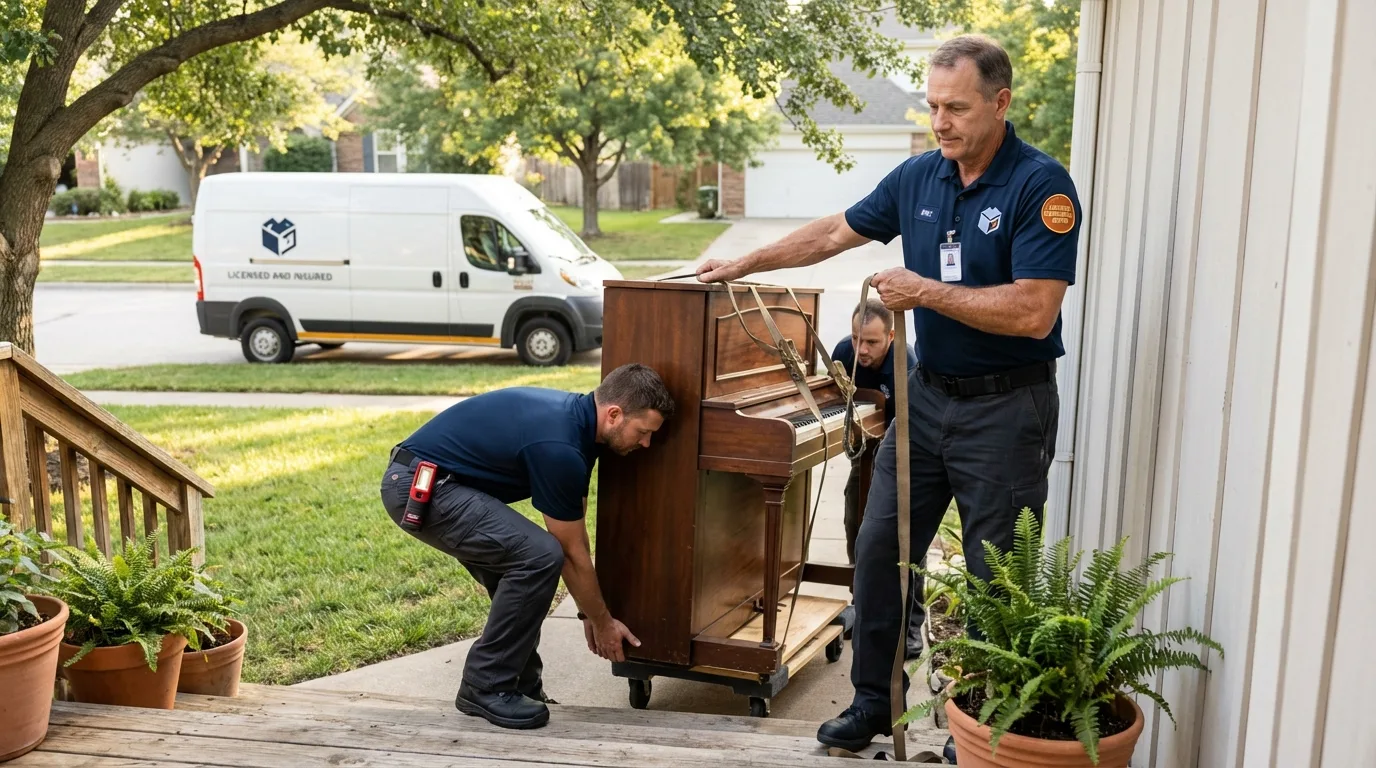 Licensed piano movers securing grand piano in Midway, TN