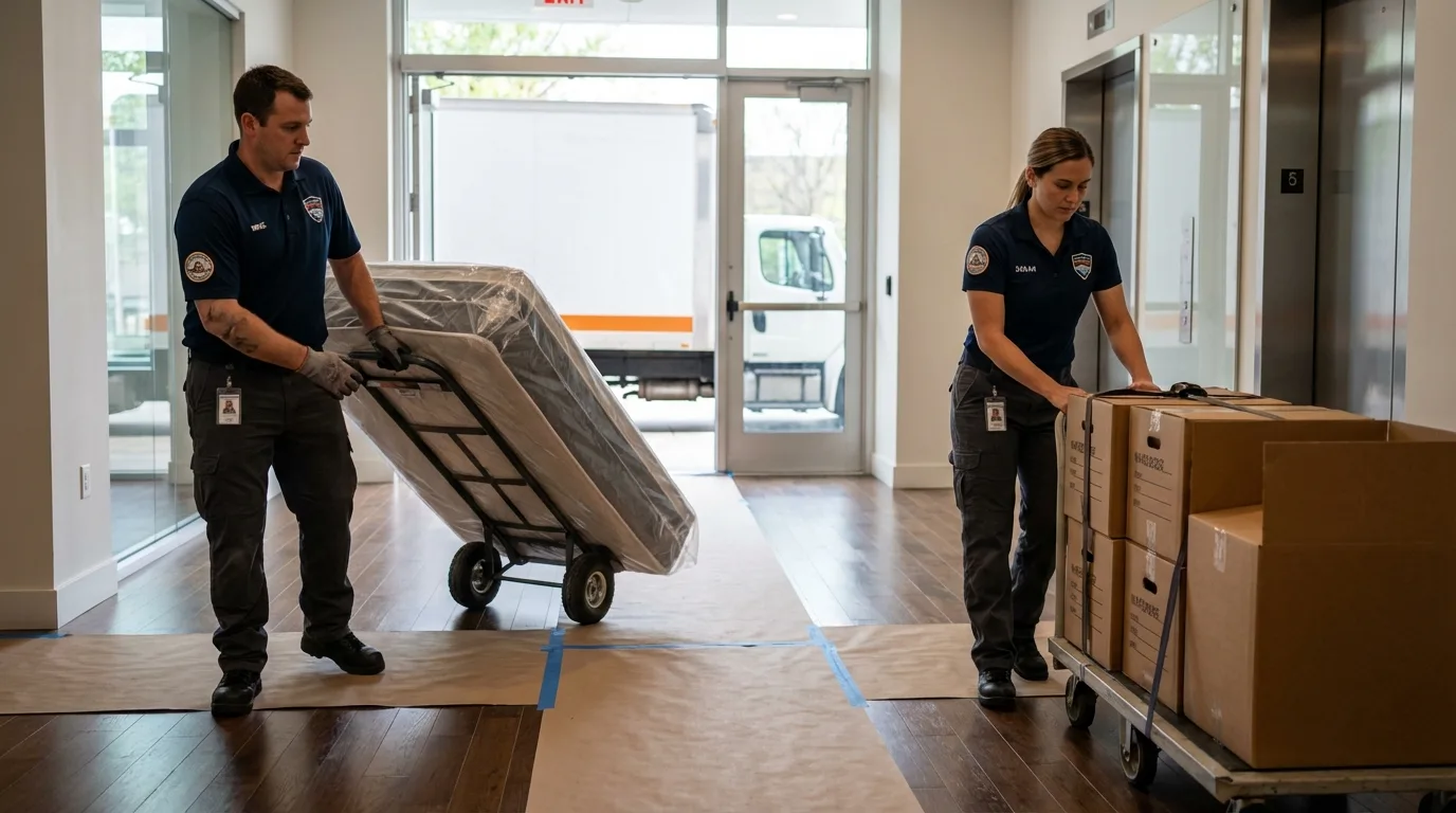 Professional apartment movers loading elevator in Midway, TN