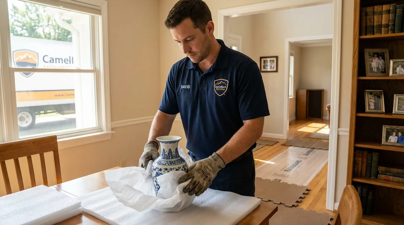Professional crew carefully wrapping antique vase for senior downsizing move in Midway, TN